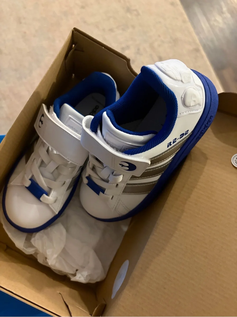 adidas Kids White and Blue Sneakers with Silver Stripes